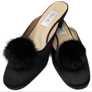 SALE! Isaac Mizrahi Black Satin Fur Pom Pom Mules